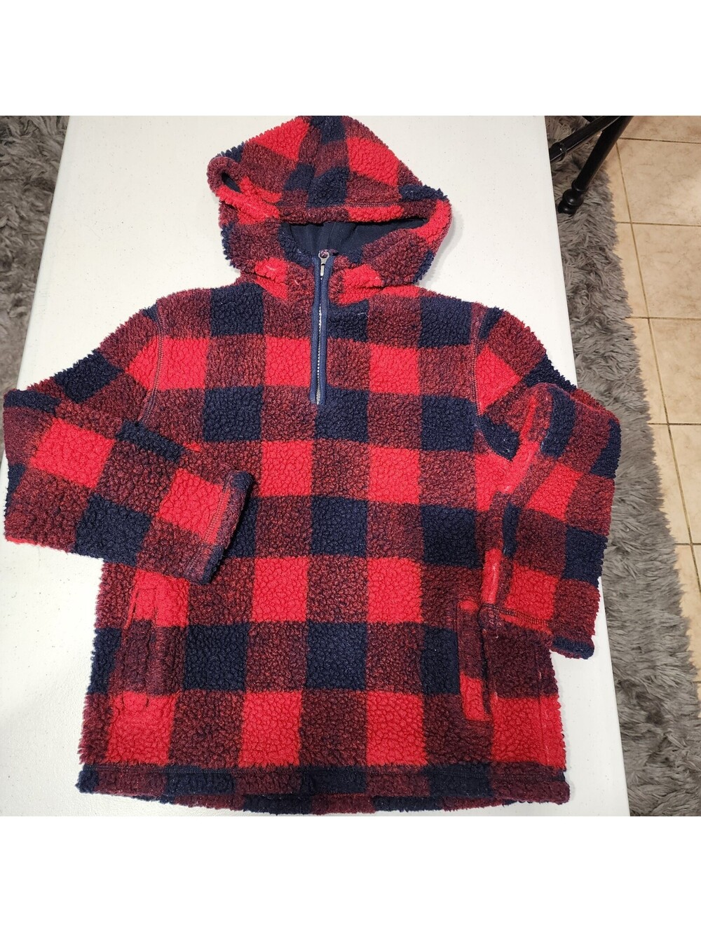 Cat & Jack Boys Plaid Fleece Zip Jacket Red Navy Hooded S (6/7)
